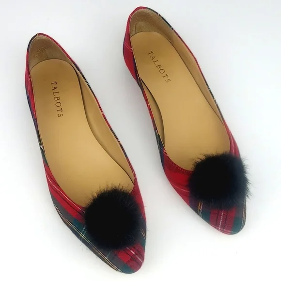 Talbots Edison Tartan Plaid Faux Fur Pom Pom Flats 8.5 - Picture 14 of 15